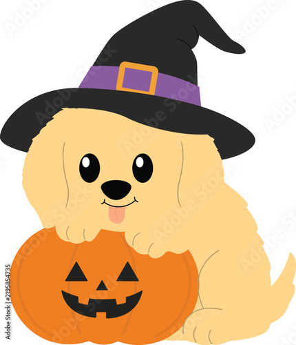 Golden Retriever Puppy Wearing Witch Hat Hugging Purple Jack-o'-Lantern