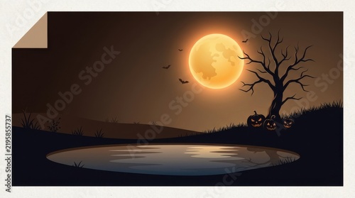 Silhouetted bats flying near a full moon over a dark lake with a spooky dead tree