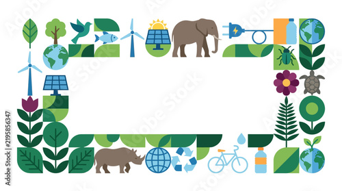 Nature and ecology themed border illustration featuring wildlife, renewable energy sources, environmental protection symbols, and recycling