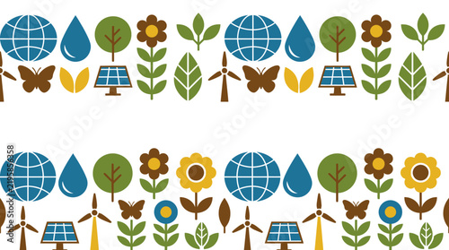 Seamless ecology border pattern with environmental icons of globe tree flower solar panel wind turbine and water drop