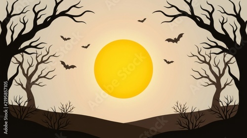 Silhouetted bats flying in front of a large full moon over a dark forest landscape