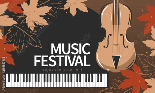 Autumn Music festival. Violin and piano decorated with autumn leaves. Events or classical music concert poster. Vector illustration.