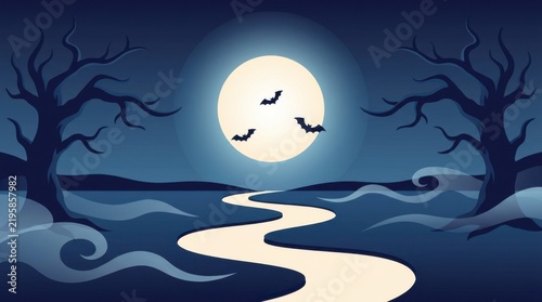 Bats flying in front of a full moon over a winding river in a spooky forest at night