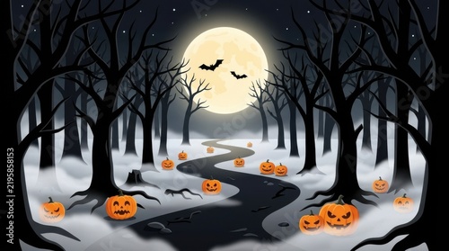 Bats flying over a winding path through a spooky Halloween forest with full moon