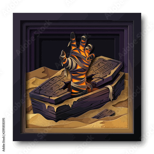 Mummy hand rising from sarcophagus, spooky Halloween scene