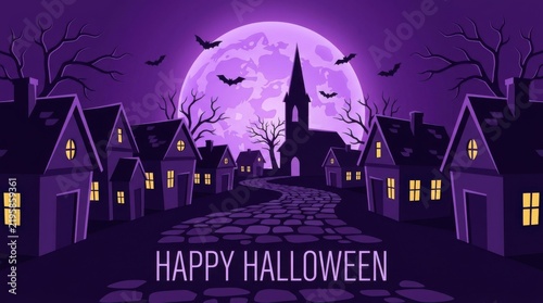 Bats flying over a spooky village at night with a full moon and happy halloween text