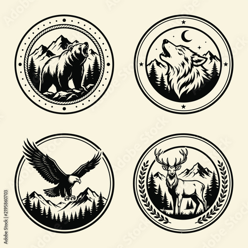 Vintage wildlife badge collection, 4 circular outdoor adventure emblems with bear wolf eagle and deer, black and white mountain wilderness vector set