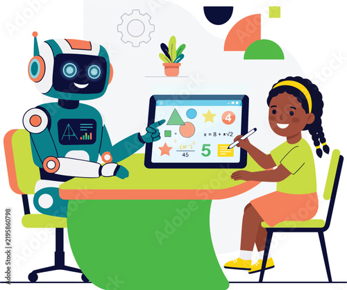 Educational AI robot teaching a young girl math and shapes on a tablet, futuristic artificial intelligence tutor for STEM learning, flat vector illustration