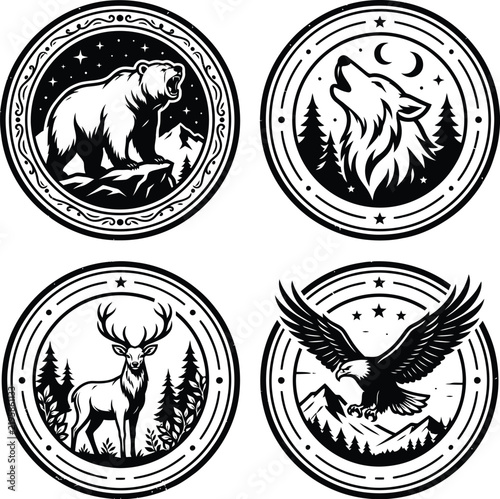 Vintage wilderness animal emblems, set of 4 black and white vector badges featuring bear, wolf, deer, and eagle, rustic outdoor adventure logo designs