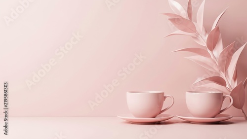 Two soft pink coffee cups on saucers placed on a matching pink surface with a decorative pink leaf branch, creating a gentle, romantic, and minimalist aesthetic for a relaxing tea or coffee break