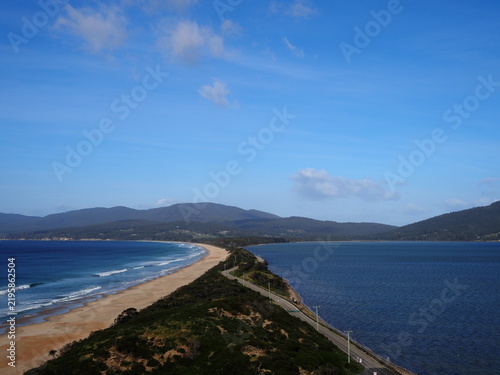 Принти на полотні Wooden boardwalk to The Neck lookout overlooking two beaches, Bruny Island, Tasm