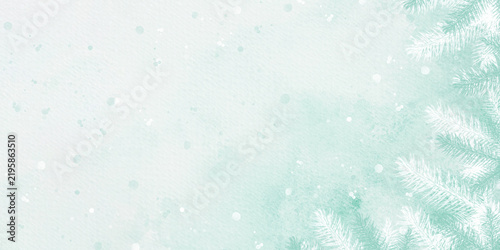 A green watercolor background with white fir branches for creating web banners for the winter holidays.