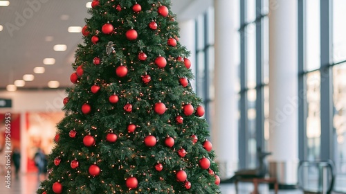 Festive Christmas tree with red and gold ornaments inside modern atrium