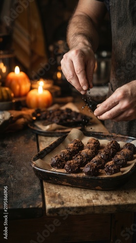 Seasoning Handcrafted Chocolate Truffles in Rustic Kitchen