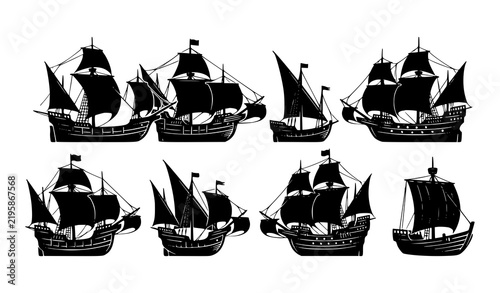 Foto Historical Sailing Ship Silhouettes Vintage Vector Collection