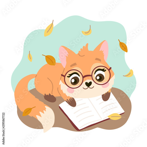 Cute funny fox illustration reading a book wearing glasses. Children character