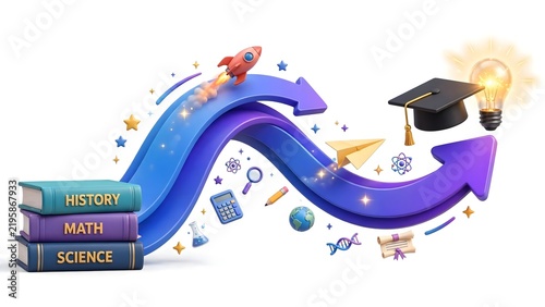 Educational concept featuring a stack of colorful textbooks representing history math and science studies paired with a rocket ship flying along a curved blue arrow towards a graduation 