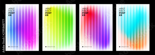 Set of Abstract Posters with ripple glass texture. Bright color blurred gradient stains and smooth fluted lines for modern creative graphic design. Vector illustration.