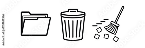 Digital folder icon with trash can and broom sweeping tiny files, black and white outline for data cleanup