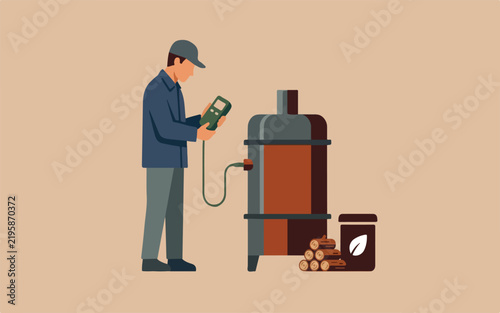 Worker monitoring industrial wood pellet boiler system