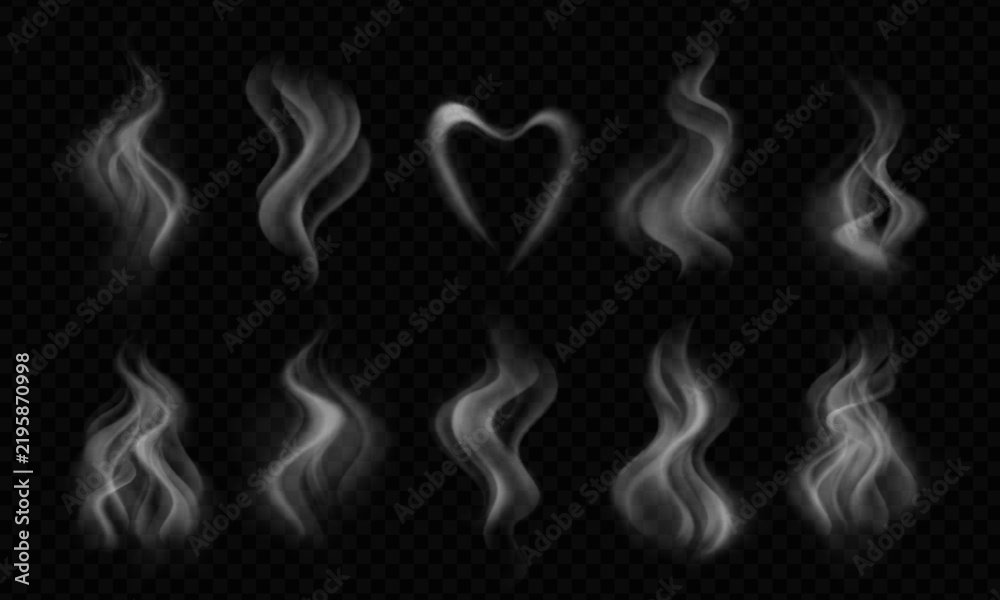 Obraz premium Smoke overlay effect with warm water steam for food photography and hot coffee textures. White cooking vapor png on transparent background for tea cup designs with realistic fume and heat aroma.