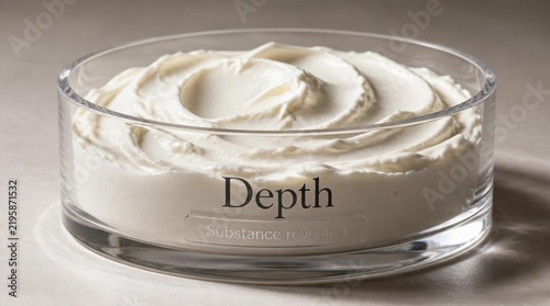 Thick white creamy substance with textured swirls inside a clear shallow acrylic glass vessel labeled Depth Substance Revealed on a neutral surface, close-up studio shot.