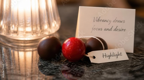 Close-up of three spherical chocolates, two dark and one glossy red, on a dark marble surface next to a warm glass lamp and cards with handwritten cursive text.