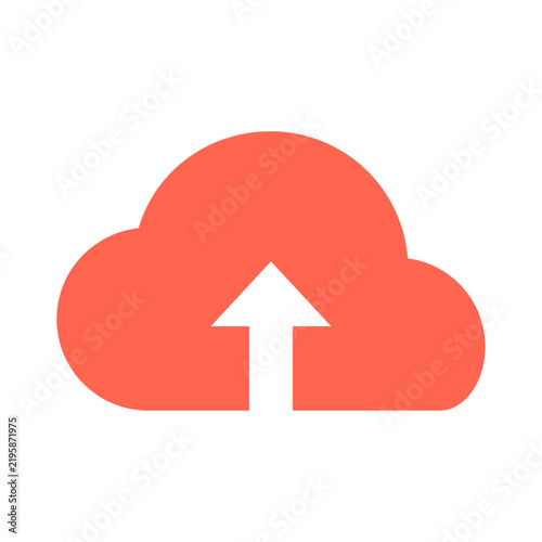Cloud upload icon with white arrow on orange background, data storage and backup 