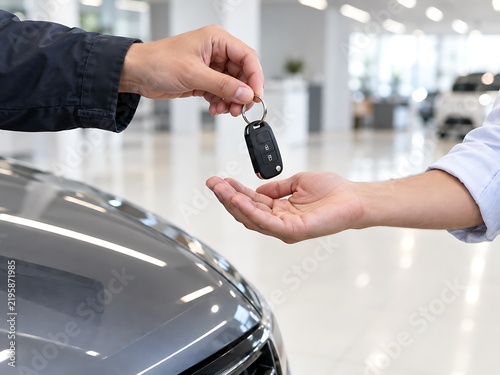 A car salesperson handing over the keys to a new vehicle to a customer in a bright car dealership showroom with a gray car in the foreground
