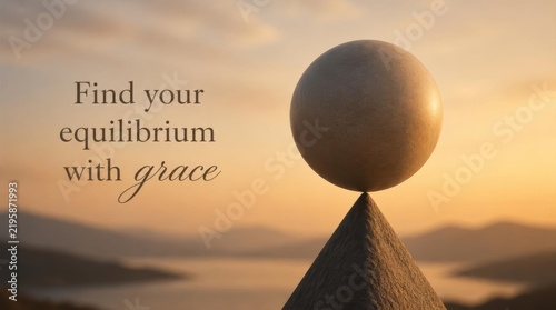 A large textured sphere balances on the tip of a stone pyramid with the text Find your equilibrium with grace over a blurred sunset landscape of mountains and calm water.