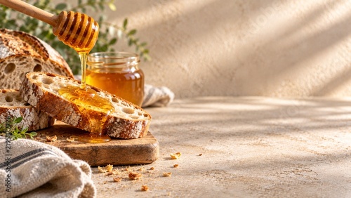 Artisan Bread With Golden Honey and Warm Natural Morning Light