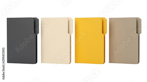 Set of four different colored office file folders isolated on transparent background
