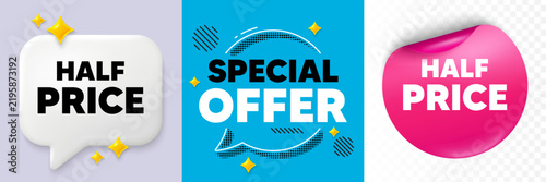 Half price speech bubble. 3d sparkles chat, Paper sticker. Half Price tag. Special offer Sale sign. Advertising Discounts symbol. Special offer bubble. Halftone dots pattern. Vector