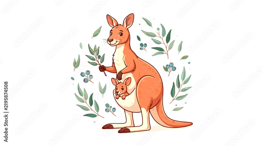 Fototapeta premium Cute mother kangaroo carrying baby joey in pouch with eucalyptus leaves vector illustration