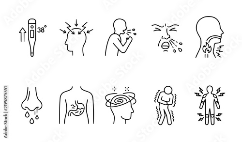 Common illness symptoms and sickness state thin line icons