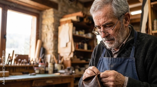 Active senior entrepreneurs running their small private business. A focused older craftsman carefully works with leather in his studio.