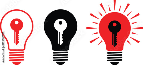 Three conceptual light bulb icons containing keys representing problem solving and ideas with key icon