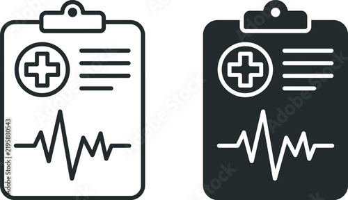 Two medical report clipboard icons with heartbeat pulse lines health record patient chart vital signs healthcare