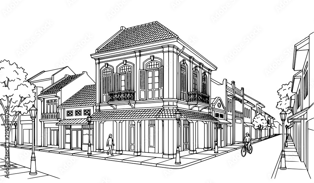 Obraz premium Jakarta Heritage Street Buildings – Indonesian Historic Architecture Line Art Vector
