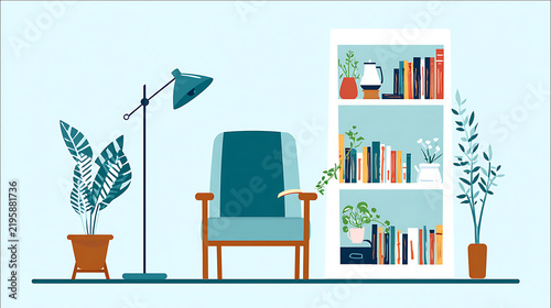 Modern Furniture Concept with Plant Decor and Bookcase for Lifestyle, Architecture, and Comfort Themes