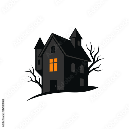 Dark haunted house with glowing window and bare trees, Halloween theme