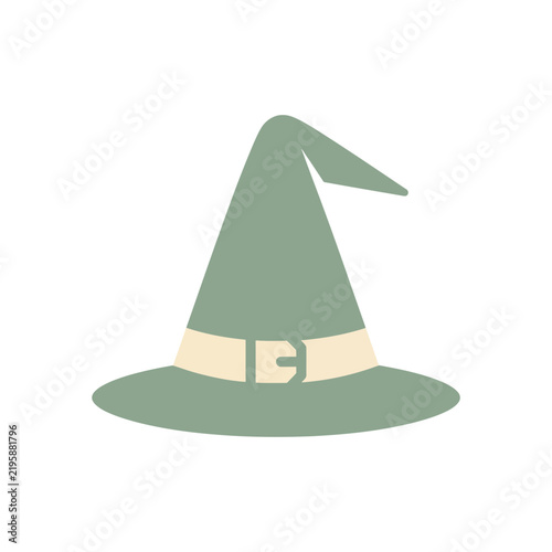 Green Witch Hat with Beige Band and Buckle, Isolated on White