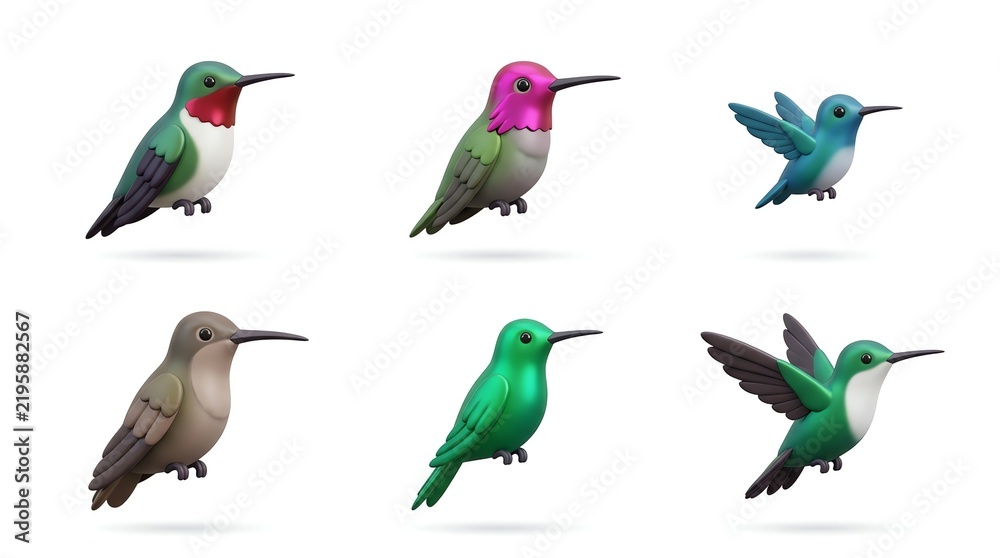 Fototapeta premium Colorful Hummingbirds Set Bright Vibrant Small Birds Illustration