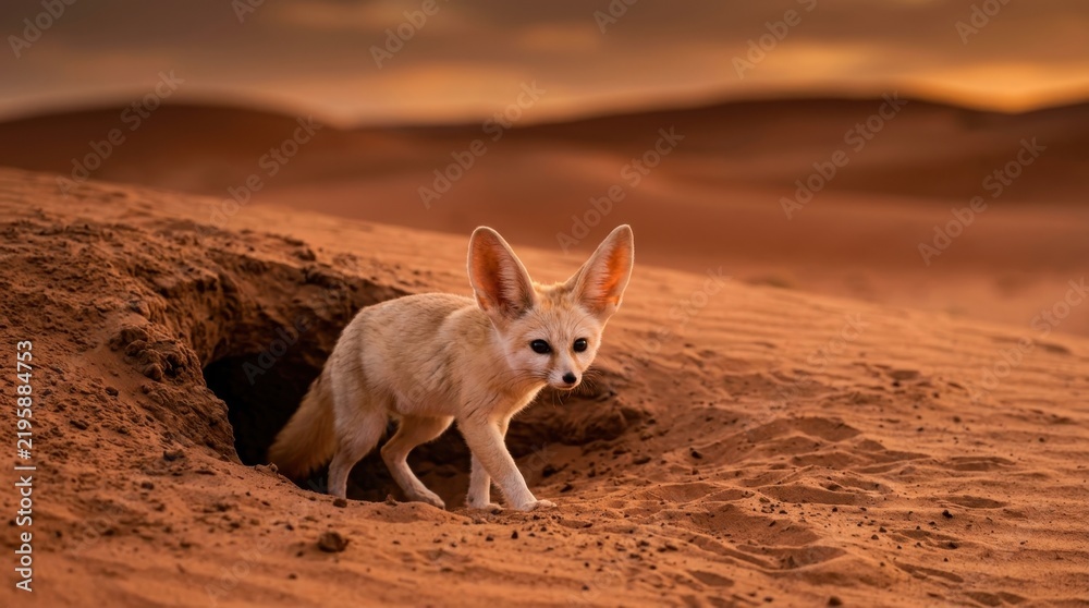 Obraz premium Desert Fennec Fox Emerging from Burrow: A fennec fox, with its characteristically large ears, cautiously emerges from its sandy burrow in the vast desert landscape, silhouetted against a warm.