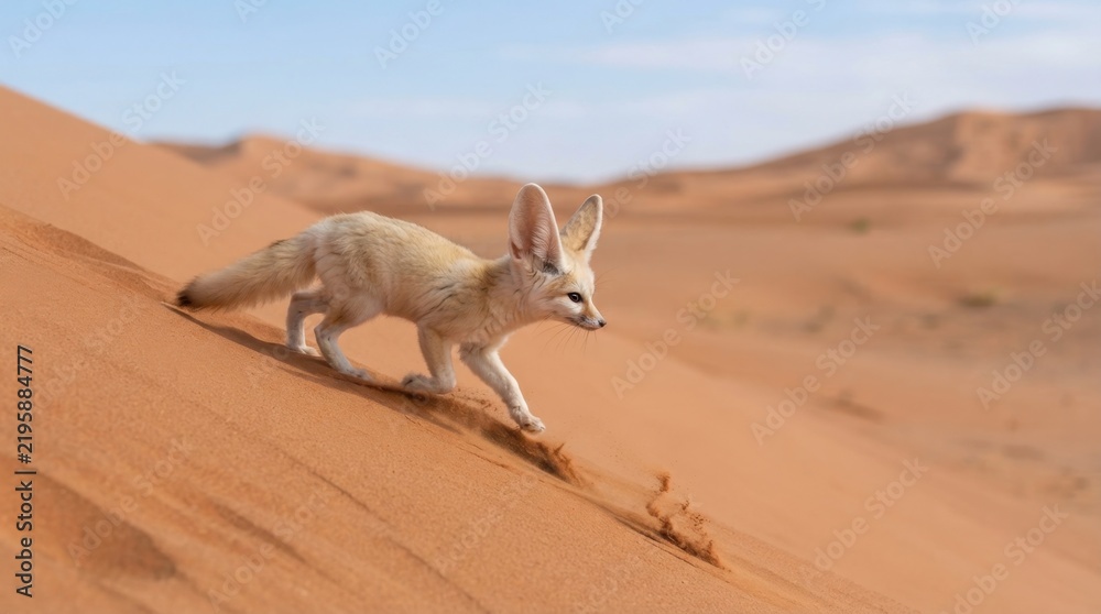 Fototapeta premium Fennec Fox on Sand Dune: A fennec fox with large ears and sandy fur navigates a steep sand dune, its delicate paws leaving imprints in the golden desert landscape under a clear blue sky.