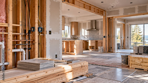 Unfinished home renovation in interior with wooden frame and kitchen construction progress