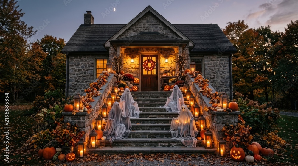 Fototapeta premium Enchanted Halloween Entrance: A charming stone house welcomes guests with a whimsical Halloween display, featuring jack-o'-lanterns, spooky ghosts, and glowing lanterns lining the staircase.