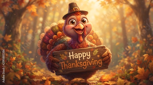 A delightful cartoon turkey wishes everyone a very happy thanksgiving holiday season with joy