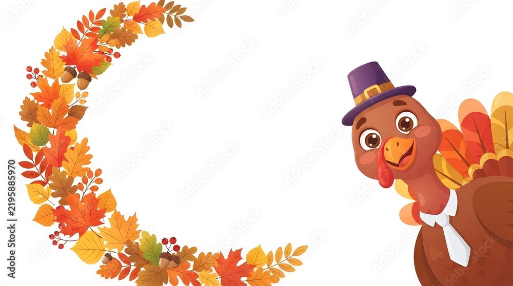Fototapeta premium A charming cartoon turkey greets viewers with a festive autumn leaf crescent backdrop