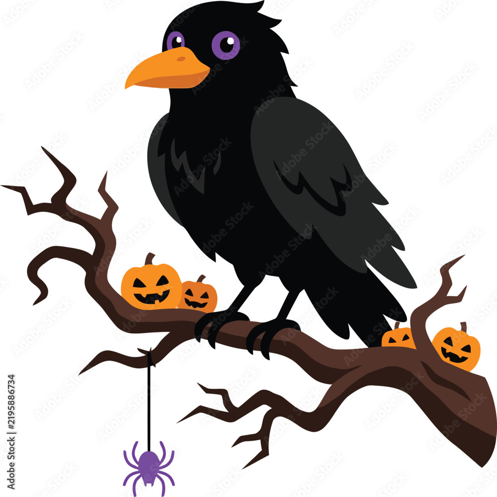 Fototapeta premium A cartoon crow perched on a spooky Halloween tree branch with jack o lanterns and a spider.